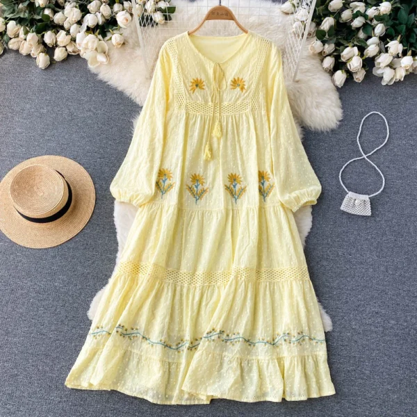 Vintage Chic Women Bohemian Heavy Flowers Embroidered Cotton Medium length Dress Robe Ladies V Neck Tassel Boho Maxi Dresses