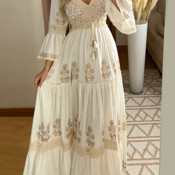 Women Fall Casual Long Dress Floral Print Lace V-Neck Long Sleeve Dress Fashion Holiday Maxi Dress Elegant Classics Versatility