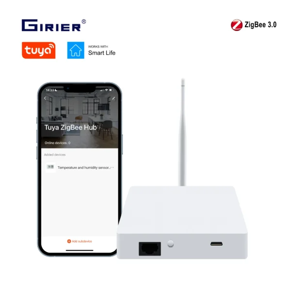GIRIER Tuya ZigBee Smart Gateway Hub with Antenna Smart Home Gateway Bridge for Home Automation System Supports Alexa Hey Google