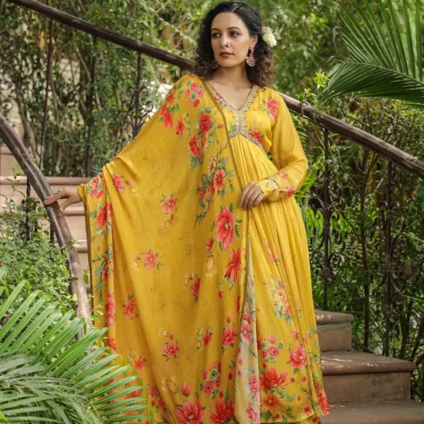 Indian Women Festival Wear Aliya Cut Kurta Sharara Dupatta Set Yellow Salwar Set