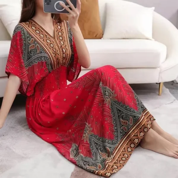 Women Indian Dress Vintage Korean Style Bohemian Floral Casual Loose Vestidos Robe Maxi V-Neck Cotton Long Dresses for Women