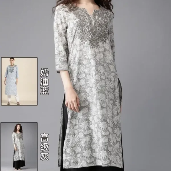 Traditional Indian Shirt Women Long Kurta Spring Tops Embroidery Grey
