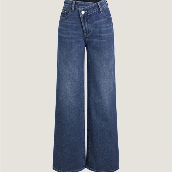 Retro blue jeans women's design slim straight leg loose diagonal button denim pants