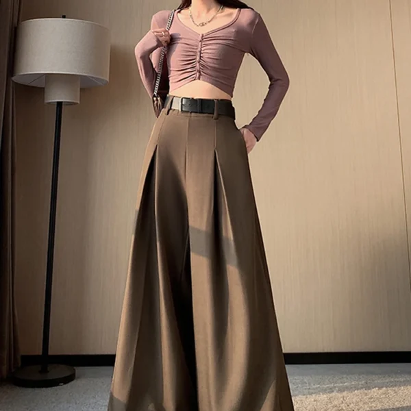 New High Waist Belt Slim Wide Leg Pants Women Spring Summer Solid Trouser Office Ladies Full Length Straight Suit Outwear Pants